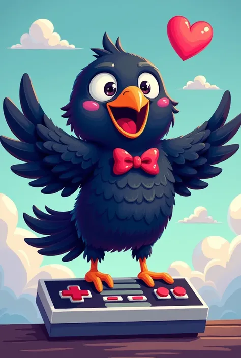 [Detailed pixel art animation]:1.2, excited pixelated raven, [bouncing up and down animation]:1.3, [big sparkling eyes]:1.2, [wings flapping enthusiastically]:1.1, [shimmering black feathers]:1.1, [red heart emoticon appearing above head]:1.0, [wearing a p...