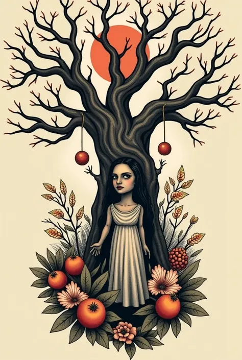 Tattoo that illustrates the following phrase: “holy tree among pains, I see a woman with dry eyes, life steals your flowers, the world will reap your fruits” Old school non-realistic tattoo style