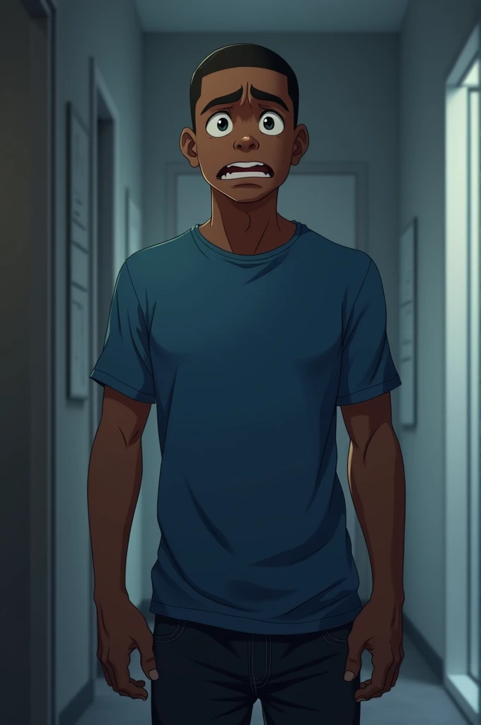 A young man feeling worried, his face shows anxiety, he is a black man, with black eyes, black hair and buzzcut hairstyle, he is wearing blue t-shirt and black jeans pants, anime style, realistic wide shot 