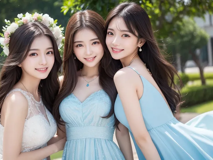 Perfect Body Beauty、Delicate long hair、Two Women、Highly detailed face and skin texture、Narrow eyes、Double eyelids、Whitening skin、smile、Wearing a gorgeous necklace、Light blue party dress、So that your whole body can be seen、Posing