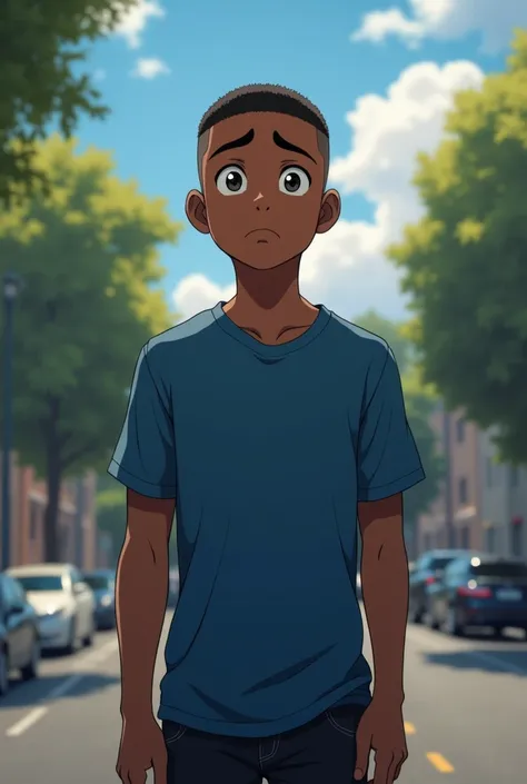 A young man feeling worried, he is a black man, with black eyes, black hair and buzzcut hairstyle, he is wearing blue t-shirt and black jeans pants, anime style, realistic wide shot 