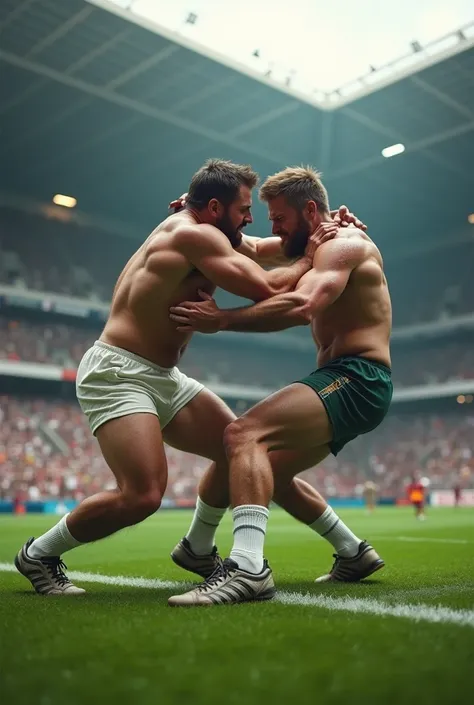 redneck male rugby players wearing white socks and sport trainers. fighting each other in stadium 