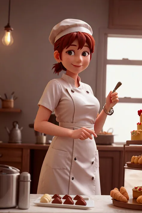 female pastry chef, looking at the camera, smiling, with a hat