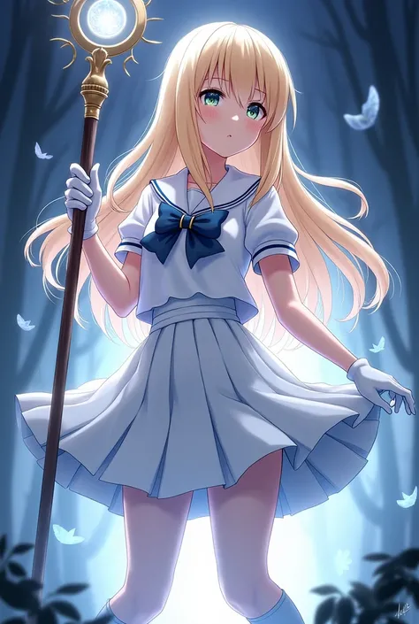 Night，blonde long hair anime girl，White short-sleeved school uniform，White pleated skirt，White gloves，white pantyhose，Holding gem magician staff，Different colored eyes