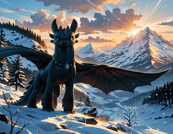 rating_safe, cinematic film still, (t00thl3ss from httyd:1.4), dimly lit, snowy mountains, enjoying the view, (cinematic lightin...