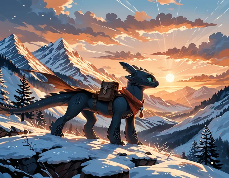 rating_safe, cinematic film still, (t00thl3ss from httyd:1.4), dimly lit, snowy mountains, enjoying the view, (cinematic lightin...