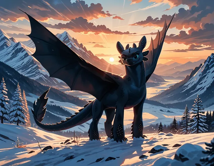 rating_safe, cinematic film still, (t00thl3ss from httyd:1.4), dimly lit, snowy mountains, enjoying the view, (cinematic lightin...