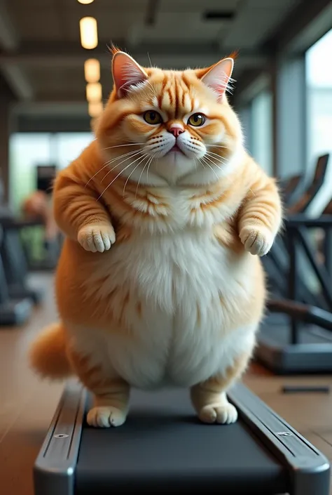 A super fat cat with yellow and white fur is losing weight in the gym