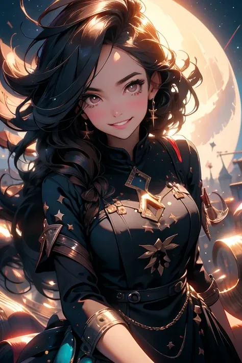 Perfect face. Perfect hands. A black haired woman with brown eyes and an hourglass figure in a dress with moon and stars on it is smiling while helping a student with work the observatory