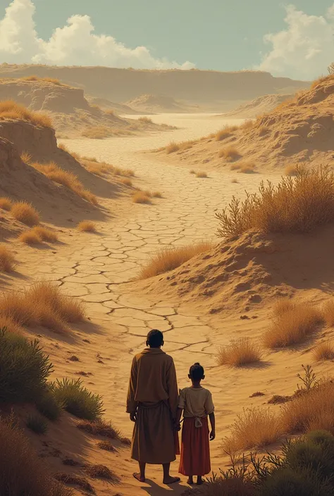 Arid land with cracks, little vegetation, and some dry crops. At the bottom, An indigenous family looking at the dry land, symbolizing the impact of food insecurity.