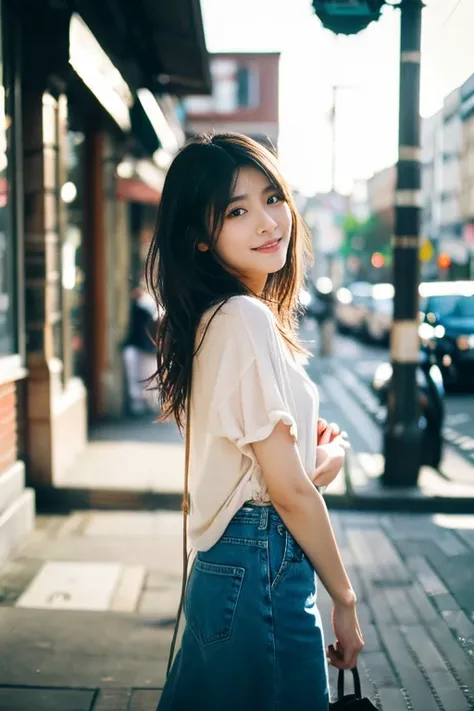 A realistic photograph of a cute Japanese woman, walking confidently. She has a model-like appearance with elegant posture, wearing fashionable, casual clothing. Her facial features are soft, with a gentle smile, and her skin is clear and glowing. The sett...