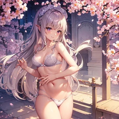 (Best Quality),(masterpiece),One Girl、Iris、Cream colored hair long、smile、underwear、Small breasts、(Lace bra)、(Lace panties)、Facing forward、(Stand with your arms tucked behind your back)、Sunny sky, cherry blossoms and European castle background、Perfect Anato...