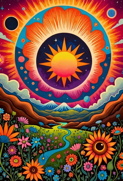 a painting，there is a sun in the painting，surrounded by many flowers of different colors, psychedelic illustration, psychedelic ...