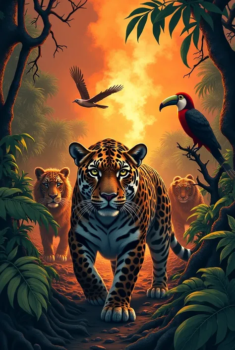 Make me an illustrative image with animals and trees in the Amazon fires and environmental degradation in a rewarding, exciting and impactful way 