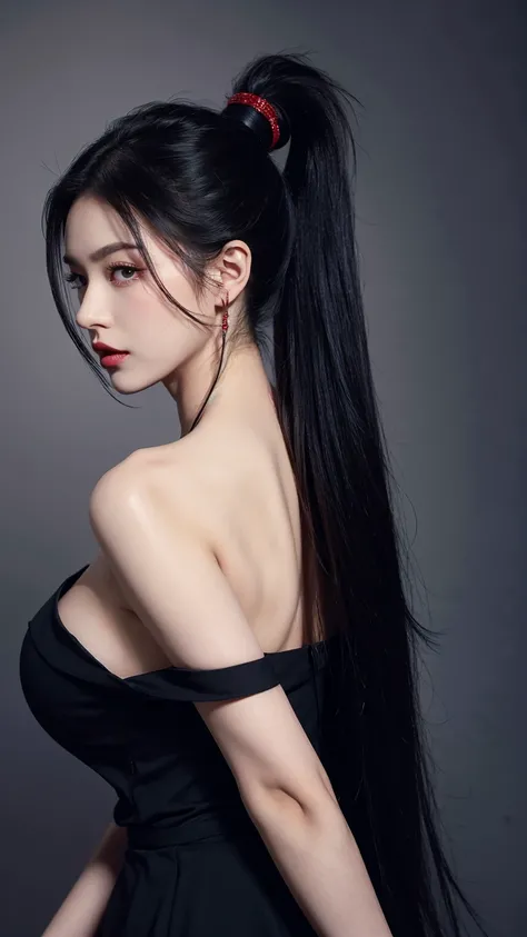 1 babe, black dresses, off shoulder, big breasts , ponytail hair, black hair, red eyes, parted lips,