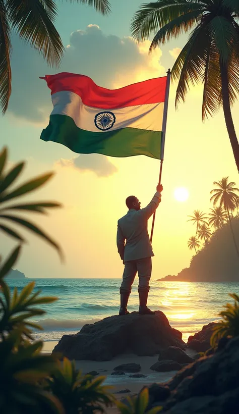 "A dynamic scene showing Netaji Subhas Chandra Bose triumphantly raising the Indian flag in the Andaman Islands. The background features the ocean and the silhouette of tropical trees, with soft golden light symbolizing hope and freedom."
