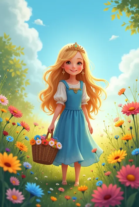 Create an illustration for a book about a little princess. Bright. Flower glade, Sun, Blue dress, blond long hair, diadem. The princess is kind, Cheerful, collects flowers in a basket