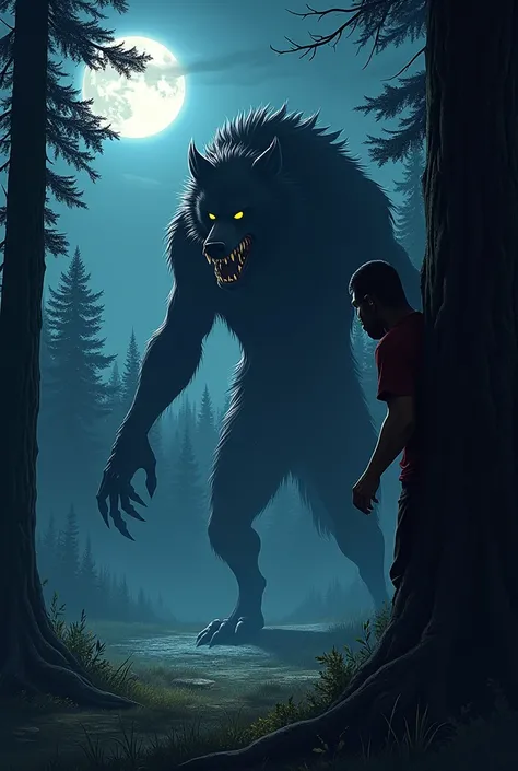 : "A man hides behind a tree, peering cautiously at a giant werewolf in a moonlit clearing. The werewolf stands tall and menacing, with glowing yellow eyes, sharp teeth, and large claws. Antonios face is filled with shock and fear as he watches the creatur...