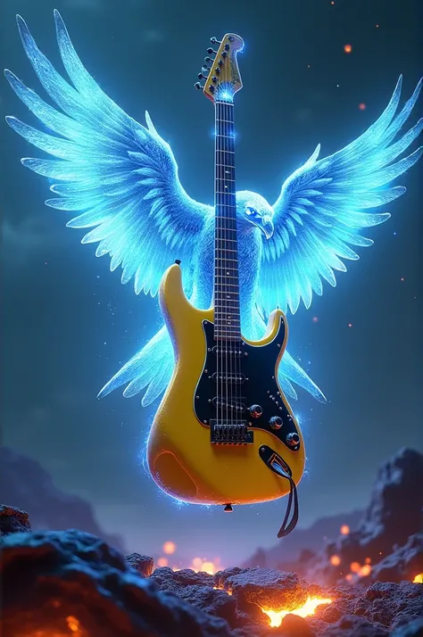 Create a yellow wood Ibanez RG Series model guitar, with shield and black arm, leaving hell for the beautiful and clear heaven. A blue trail of rays comes out of the guitar. She also has a ghost like an angry ALL BLUE eagle, where the eagle is transparent ...