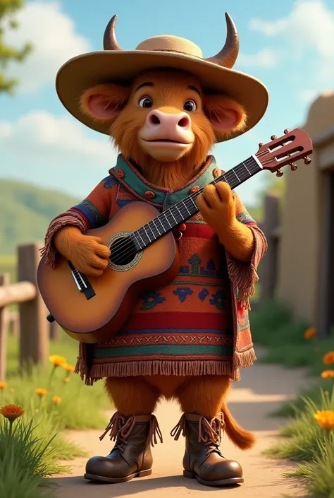 a country ox mascot in typical gaucho attire holding a guitar 