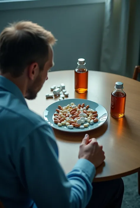 A man eating plate full of capsules and tablet on round table from Back side 
Syrup bottles are their on round table