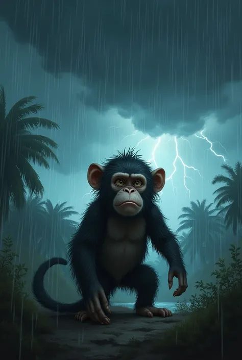 A worried looking monkey who is about to be hit by a storm (very heavy rain) May the storm be bigger, may the storm be more severe, and may there be wind, rain and wind, very heavy rain