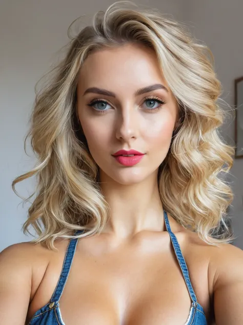 Gros plan , un selfie ,un beau mannequin bresilienne blond tenant , objectif d’appareil photo, avec une petite taille et une silhouette voluptueuse, belle poitrine, cheveux ondulés flottant dans la brise, lui donnant une sensualité, Un regard captivant, po...