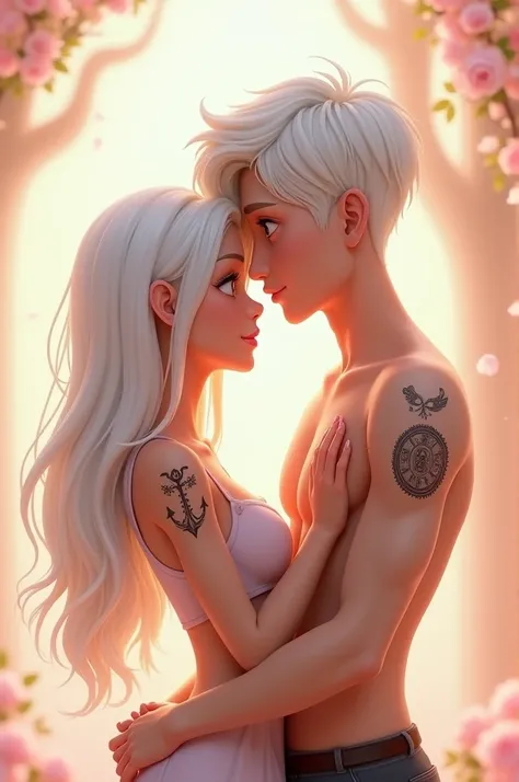 Create a animated couple, the girl has white hair with a VIRGO tattoo and  boy has white hair with a LIBRA tatto