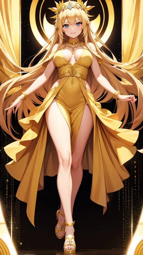 女god、god、smile、Blonde、Golden Dress、accessories、god々Shii、Long Hair、The light shines、Large Breasts、Staring from the front、Sparkle Effect、Light background、Gaze Here、Detailed eyes、Sparkling Eyes、ヘアaccessories、Crown Headband、necklace、Beautiful eyes、光の女god、ゴールドa...