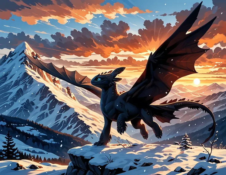 rating_safe, cinematic film still, (t00thl3ss from httyd:1.4), dimly lit, flying, snowy mountains, enjoying the view, (cinematic...