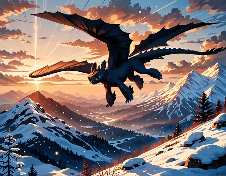 rating_safe, cinematic film still, (t00thl3ss from httyd:1.4), dimly lit, flying, snowy mountains, enjoying the view, (cinematic...