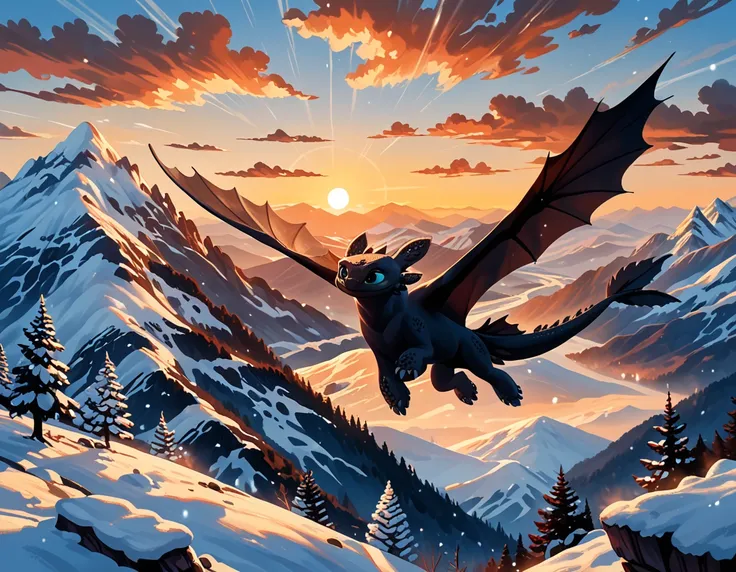 rating_safe, cinematic film still, (t00thl3ss from httyd:1.4), dimly lit, flying, snowy mountains, enjoying the view, (cinematic...