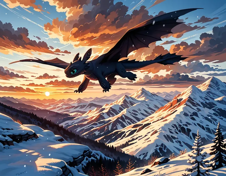 rating_safe, cinematic film still, (t00thl3ss from httyd:1.4), dimly lit, flying, snowy mountains, enjoying the view, (cinematic...