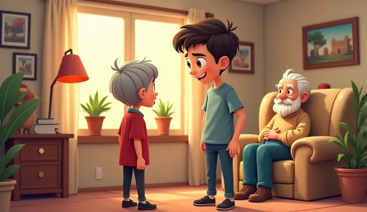   **The Boy Returning After Four Years**: 
  A boy is 20 years old  A grown-up boy, now older, a boy is sitting on a chair and the grandfather is sitting on a sofa in lounch room and talking cartoon 