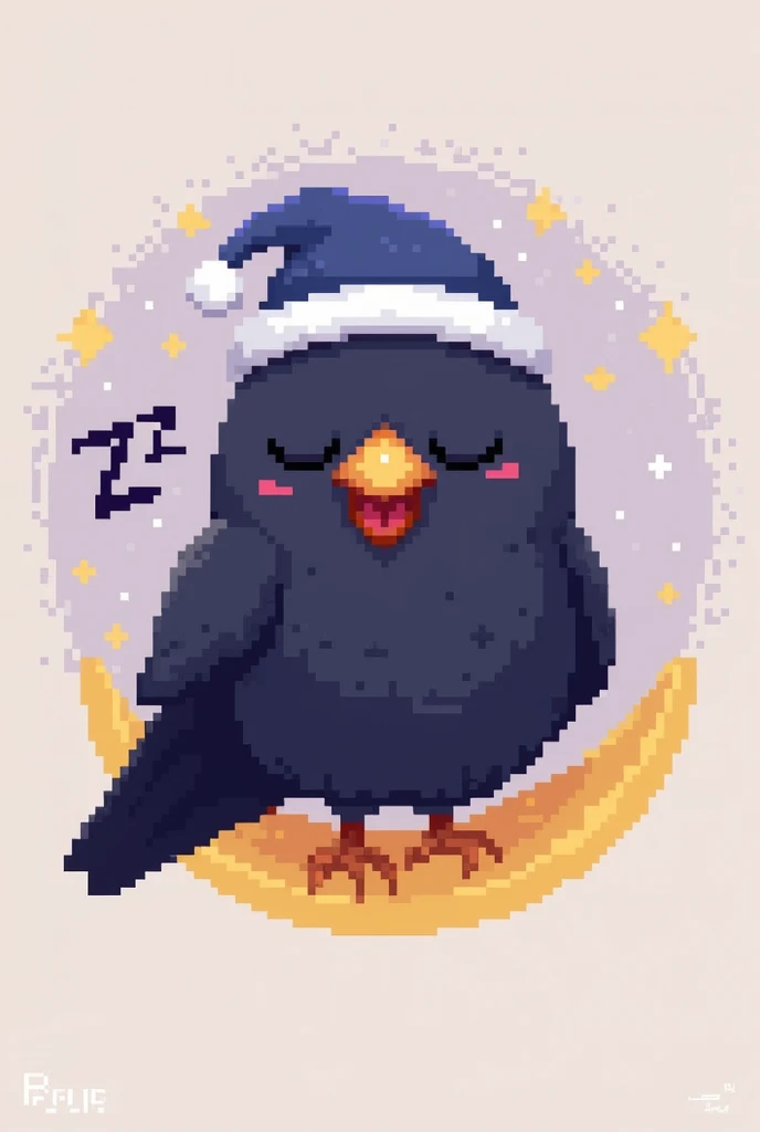 "[Animated pixel art emoji]:1.3, sleepy raven design, [heavy-lidded blinking eyes]:1.2, [beak opening in yawn]:1.1, [head nodding animation]:1.2, [Zzz pixel text appearing]:1.0, [cute nightcap]:0.9, [sitting on pixelated crescent moon]:1.1, [star twinkle e...