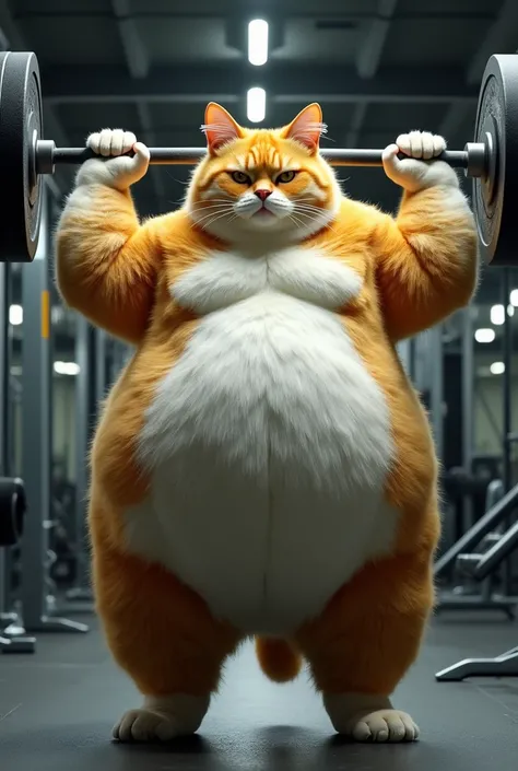 A super fat cat with yellow and white fur is lifting a barbell in the gym。Hyperrealism