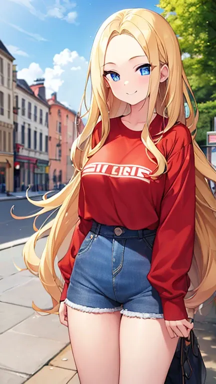 1girl, blonde hair, long hair, red shirt, collard shirt, big forehead, curly hair, Denim Shorts Jean Shorts, looking at vewers, blue eyes, city, smiling, standing, , medium breast, day, pale skin, socks, long sleeve