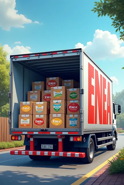 
"Please create a delivery truck outside with the words ENEA SOFT DRINKS written on it in large, bold letters. The truck should be loaded with crates of soda, water cartons, and juice cartons."