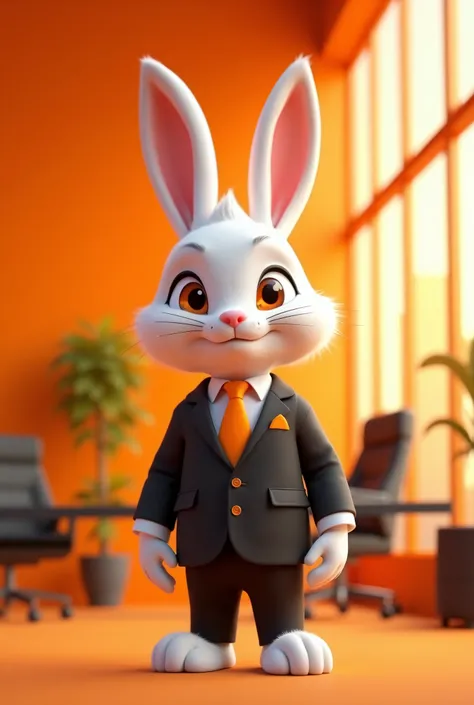 Design a Pixar-style scene featuring a white bunny with arms and legs, dressed in a sleek black suit with orange details, as if it’s the owner of a company. The bunny should have orange eyes and a confident, professional demeanor. Use an overall orange the...