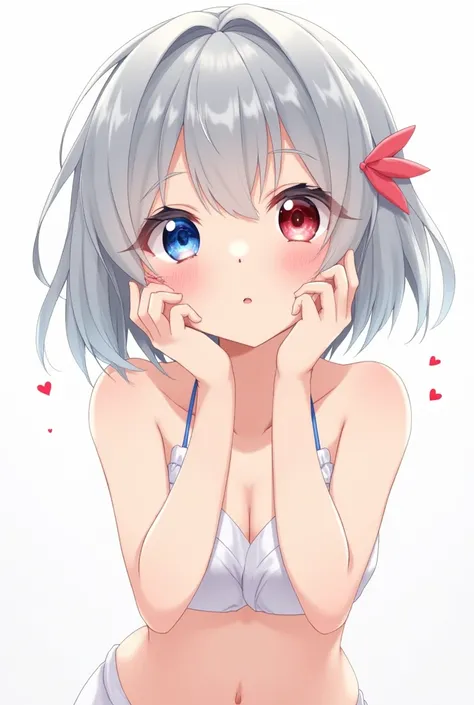 Girl child gray hair short hair,Anime Style,Hearts in eyes, blue eyes, Red eyes, Pure white bikini,Puff out your cheeks,Look up