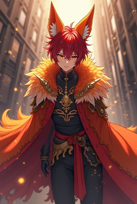 anime style. Fantasy. medium sized man. short hair in a dark red tone with more orange tips. has orange eyes that seem to penetrate enemies. the character dresses extravagantly as a fox. top down view. full body. put it in an urban setting.