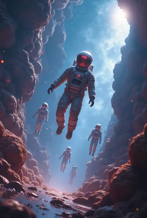 Create an image of a tomorrowland in space with people and astronaut helmets floating around