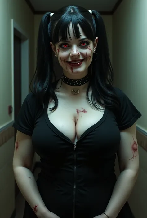 Woman with black pigtails, bright red eyes, sadistic smile, black jumpsuit, mouth piercing, ear piercing, sadistic smile, medium breasts, Arms stitched, body with scars, mouth sewn shut, Hands on hips.