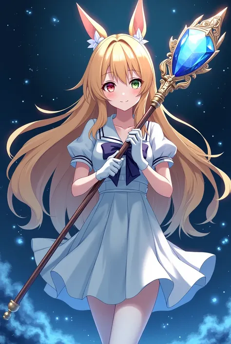 Night，blonde long hair anime girl，White short-sleeved school uniform，White pleated skirt，White gloves，white pantyhose，Holding gem magician staff，Right eye red, left eye green￼