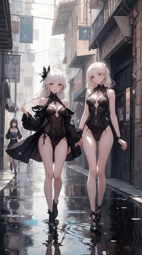 (masterpiece:1.3), quality, quality, Delicate and beautiful:1.2, ((3 girls)), puddle, Goth，Upper Leg
(The three girls have perfect figures., Beautiful shape, Long and slender body type)),(Upper body shot:1.1), (Viewed from the front:1.3), (View your viewer...