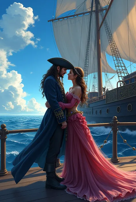 captain jack sparrow his girlfriend Saber Aturia pendragon love each other on the black pearl in beautiful anime style 