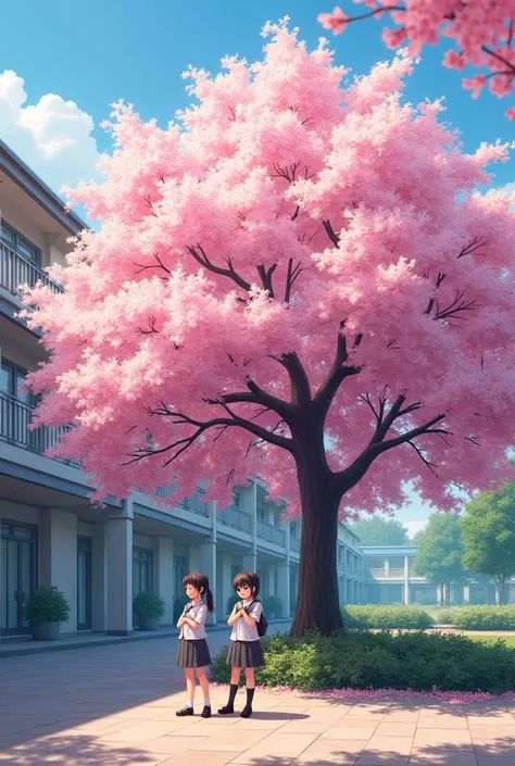 Robarosiya tree with pink
 flowers 
 and school in young girl and boy school back gground 
