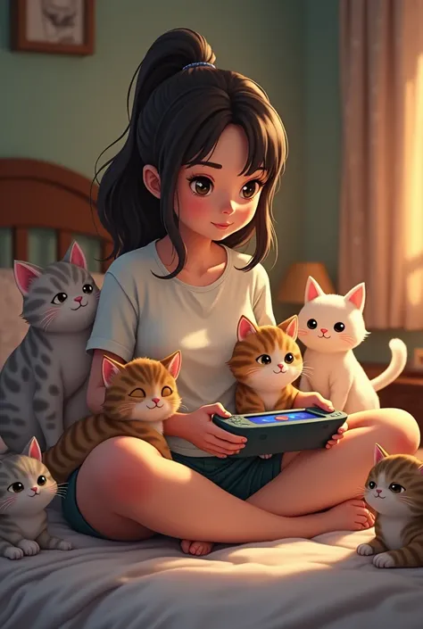 A woman playing video games with several frajola cats on her bed 
