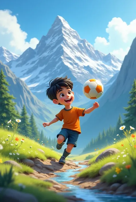 a boy playing ball on a beautiful mountain