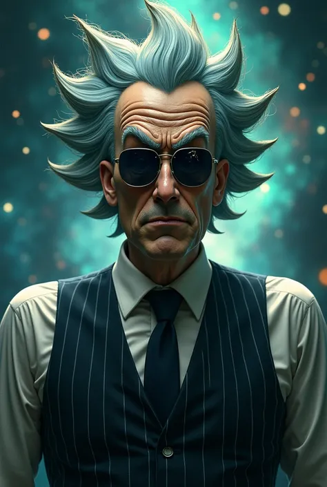 Rick Sanchez in a dress vest with sunglasses making an evil face with a universe in the background